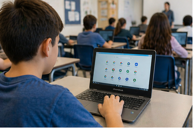 Aluno usando Chromebook em sala de aula